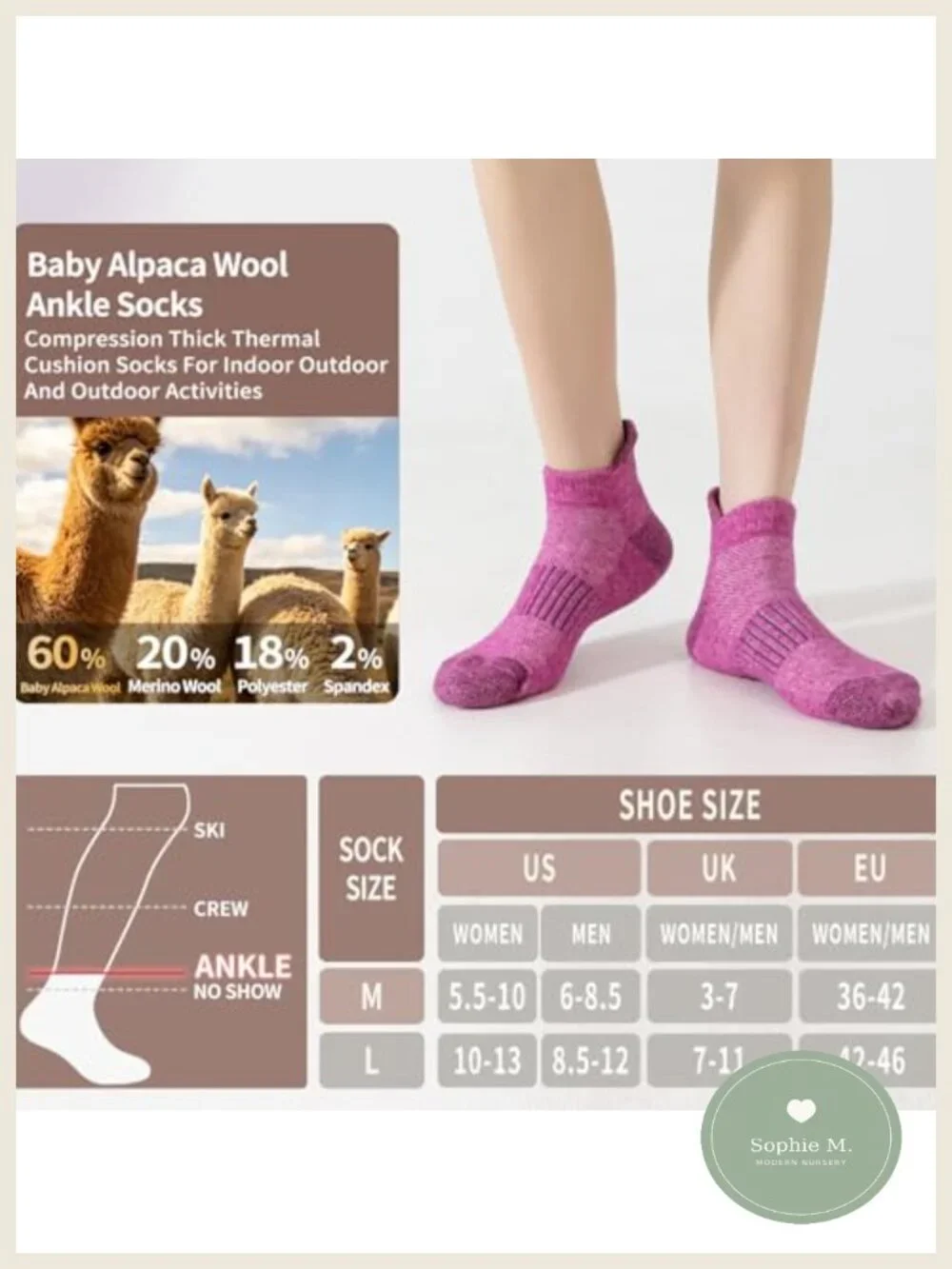 Alpaca Wool Ankle Running Hiking Socks 3-Pack Men Women